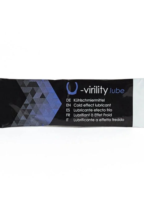 Schwarze und blaue verpackung von 500 cosmetics u-virility lube gleitmittel mit kälteeffekt und mehrsprachiger beschriftung