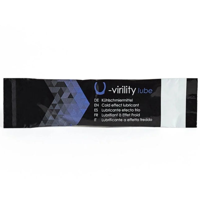 Schwarze und blaue verpackung von 500 cosmetics u-virility lube gleitmittel mit kälteeffekt und mehrsprachiger beschriftung