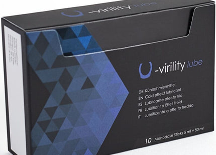 Schwarze rechteckige box mit blauem geometrischem muster und weißem text für 500 cosmetics u-virility lube gleitmittel mit kälteffekt