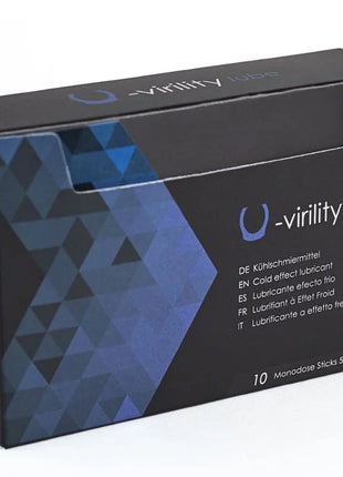 Schwarze rechteckige box mit blauem geometrischem muster und weißem text für 500 cosmetics u-virility lube gleitmittel mit kälteffekt
