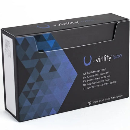 Schwarze rechteckige box mit blauem geometrischem muster und weißem text für 500 cosmetics u-virility lube gleitmittel mit kälteffekt