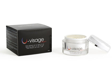 U-visage hydrating cream in clear glass jar with silver lid and black box for face and neck skincare 500 cosmetics