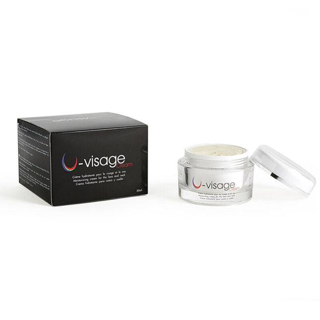U-visage hydrating cream in clear glass jar with silver lid and black box for face and neck skincare 500 cosmetics
