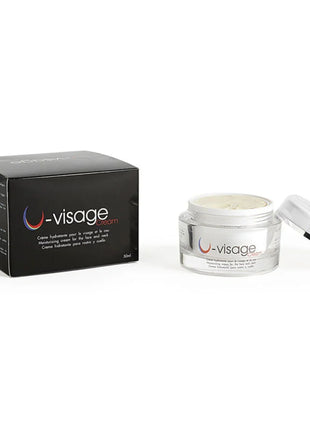 U-visage hydrating cream in clear glass jar with silver lid and black box for face and neck skincare 500 cosmetics