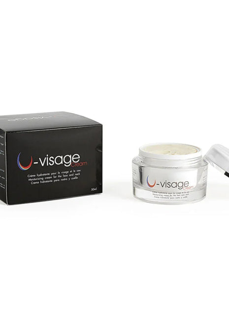U-visage hydrating cream in clear glass jar with silver lid and black box for face and neck skincare 500 cosmetics
