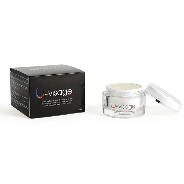 U-visage hydrating cream in clear glass jar with silver lid and black box for face and neck skincare 500 cosmetics