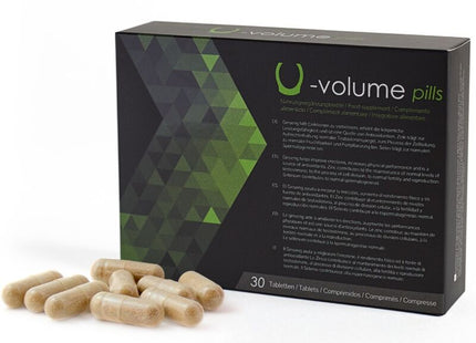 Box von 500 cosmetics u-volume mit grün schwarzen geometrischen mustern und verstreuten beige kapseln zur steigerung der spermaqualität
