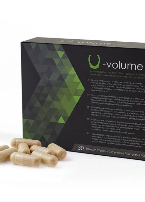 Box von 500 cosmetics u-volume mit grün schwarzen geometrischen mustern und verstreuten beige kapseln zur steigerung der spermaqualität
