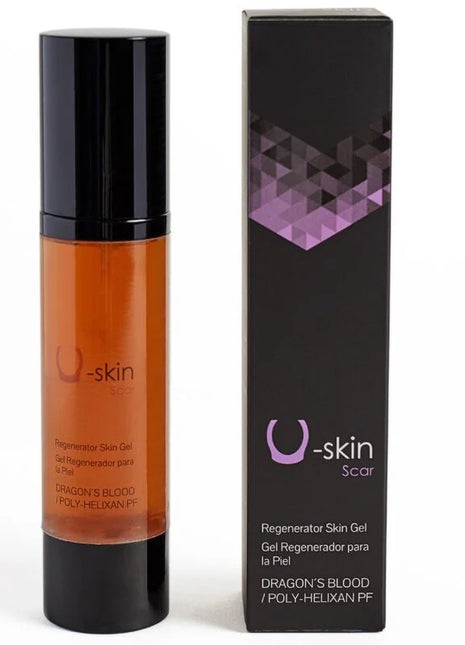 U-skin scar regenerator hautgel in bernsteinfarbener glasflasche mit schwarzem deckel und schwarzer box mit lila geometrischem design