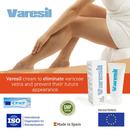Weißes varesil creme rohr mit blauer markierung neben passender weißer box zur behandlung von varikose venen