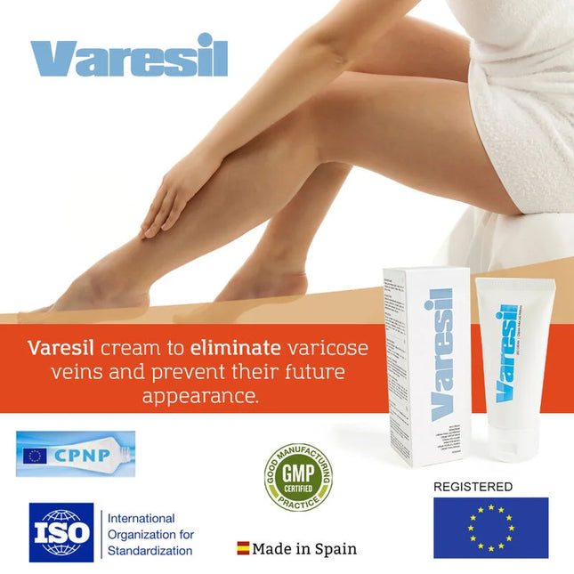 Weißes varesil creme rohr mit blauer markierung neben passender weißer box zur behandlung von varikose venen