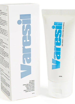 Weiße tube varesi beincreme 60ml mit elegantem design und kräftigem blauem branding für varizenpflege
