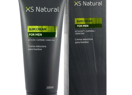 Xs natürliche slim cream für männer in schwarzer tube mit grünen akzenten enthält actigym™, koffein und carnitin zur fettverbrennung