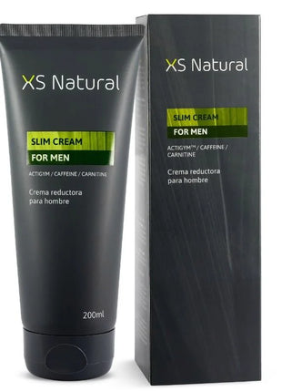Xs natürliche slim cream für männer in schwarzer tube mit grünen akzenten enthält actigym™, koffein und carnitin zur fettverbrennung