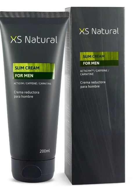 Xs natürliche slim cream für männer in schwarzer tube mit grünen akzenten enthält actigym™, koffein und carnitin zur fettverbrennung