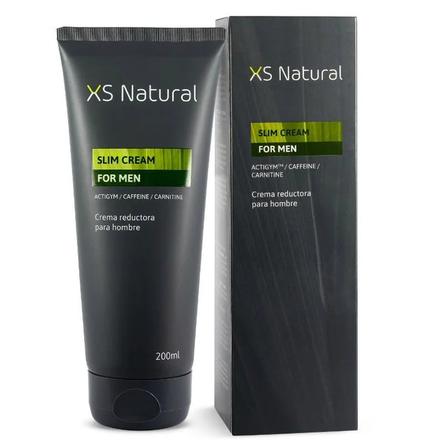 Xs natürliche slim cream für männer in schwarzer tube mit grünen akzenten enthält actigym™, koffein und carnitin zur fettverbrennung