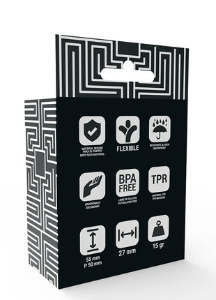 Verpackung von addicted toys analplug 5 5 cm mit schwarz weißem labyrinth geo muster