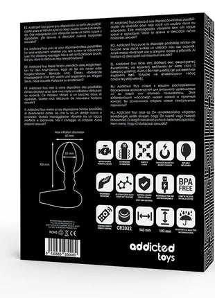 Schwarze verpackung eines vibrierenden analplugs addicted toys modell cr2032 mit fernbedienung seen from back side