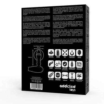 Schwarze verpackung eines vibrierenden analplugs addicted toys modell cr2032 mit fernbedienung seen from back side