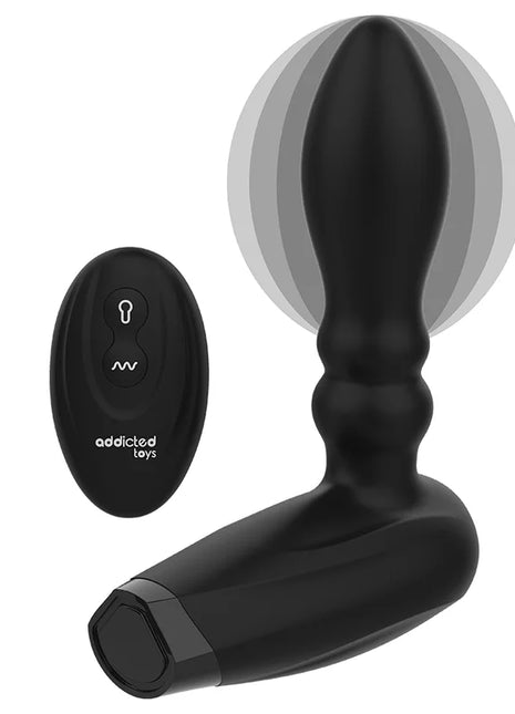 Schwarzer silikon-fernbedienungs-analstecker von addicted toys mit strukturierter griffoberfläche und oszillierender bewegung