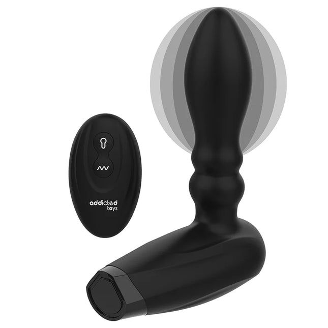 Schwarzer silikon-fernbedienungs-analstecker von addicted toys mit strukturierter griffoberfläche und oszillierender bewegung
