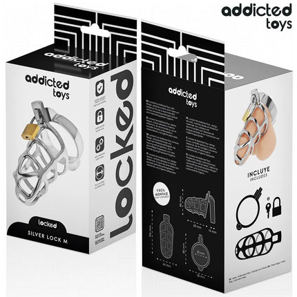 ADDICTED TOYS LOCKED - SILBERNES SCHLOSS PENISKÄFIG METALL GRÖSSE M - BDSM-Peniskäfige