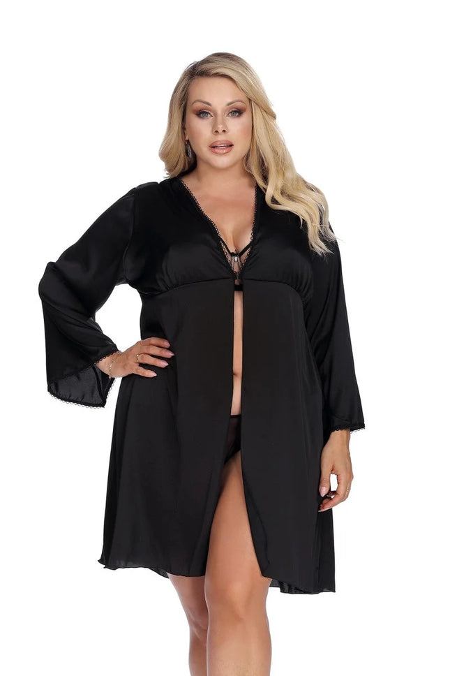 Anais Apparel Plus Size – Schwarzer Morgenmantel aus Satin (knielang) - XL/2XL / Black - Morgenmantel