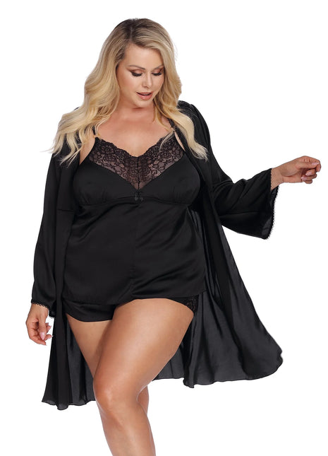Anais Apparel Plus Size – Schwarzer Morgenmantel aus Satin (knielang) - Morgenmantel