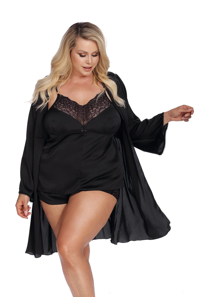 Anais Apparel Plus Size – Schwarzer Morgenmantel aus Satin (knielang) - Morgenmantel