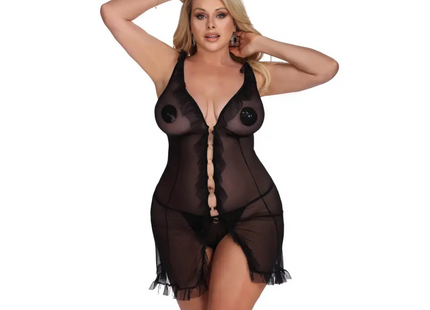 Anais Apparel Plus Size – Schwarzes Negligee aus Netz mit Metallelementen - XL/2XL / Black - Negligee