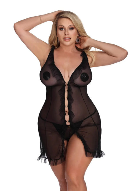 Anais Apparel Plus Size – Schwarzes Negligee aus Netz mit Metallelementen - XL/2XL / Black - Negligee