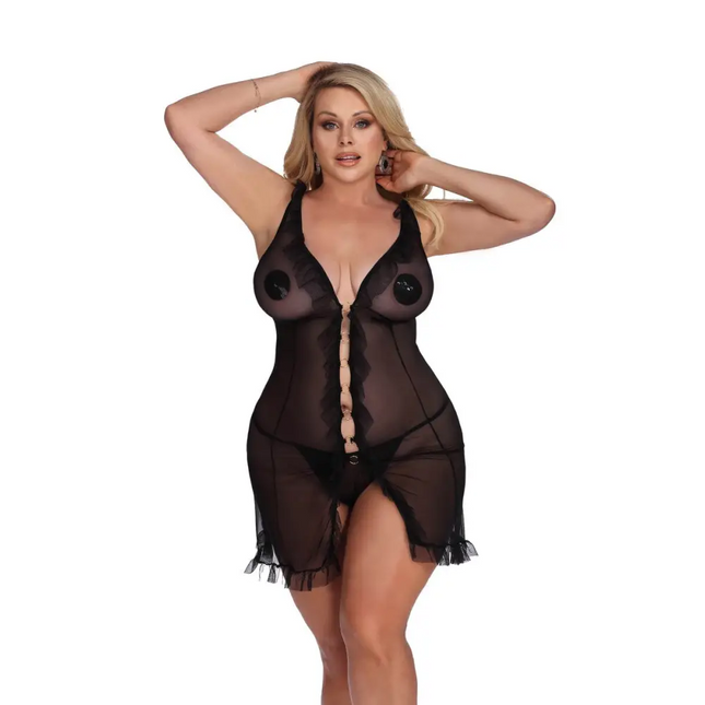 Anais Apparel Plus Size – Schwarzes Negligee aus Netz mit Metallelementen - XL/2XL / Black - Negligee