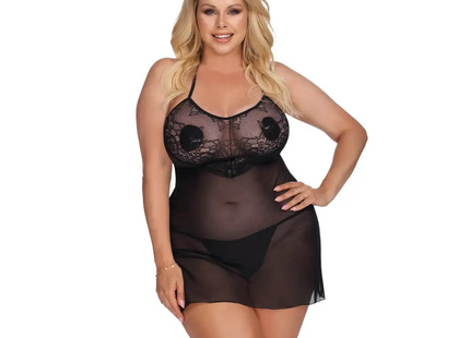 Anais Apparel Plus Size – Schwarzes Negligee aus Netz und Spitze - XL/2XL / Black - Negligee