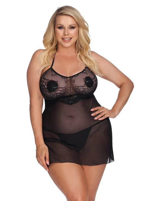 Anais Apparel Plus Size – Schwarzes Negligee aus Netz und Spitze - XL/2XL / Black - Negligee