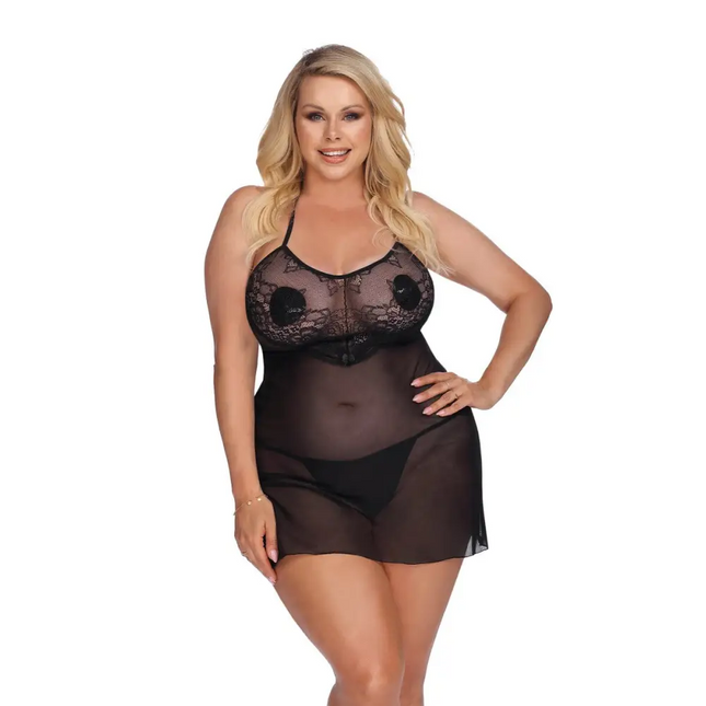 Anais Apparel Plus Size – Schwarzes Negligee aus Netz und Spitze - XL/2XL / Black - Negligee