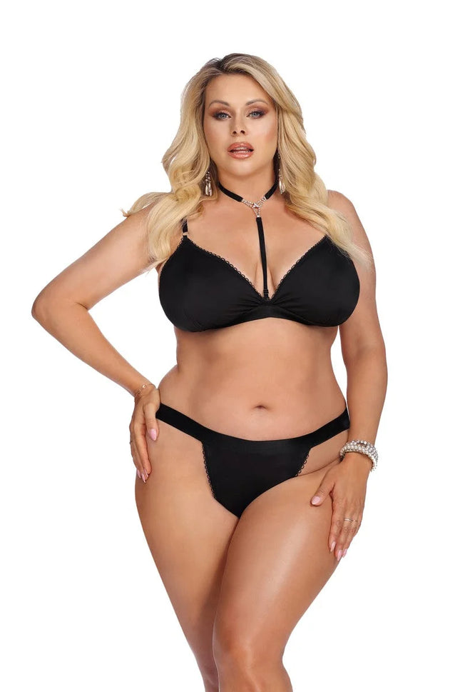 Anais Apparel Plus Size – Schwarzes Satin-Set mit verstellbaren Trägern - XL/2XL / Black - Sexy Dessous-Set