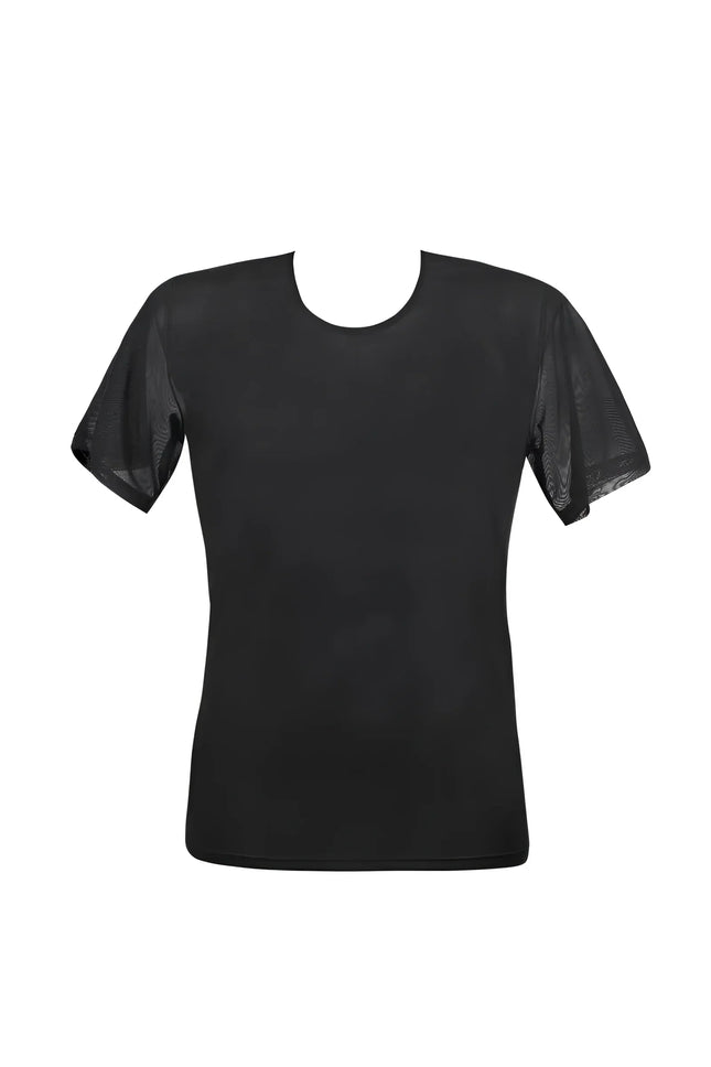 Schwarzes herren-t-shirt anais mit transparenten mesh-ärmeln und rundhalsausschnitt für eleganz und komfort