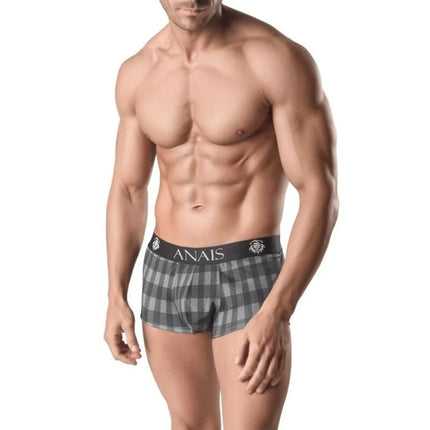 Grau schwarze karierte boxer shorts mit schwarzem elastischem bund und anaiis for men branding im aegis boxer s stil