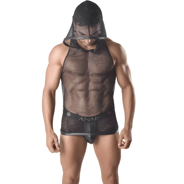 Schwarzes mesh kapuzen-t-shirt anaïs men ares mit durchsichtigem atmungsaktivem stoff und integrierter kopfabdeckung