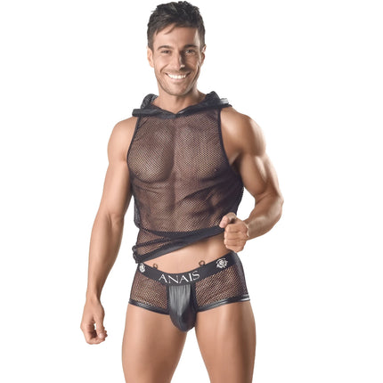 Schwarzes mesh hooded t-shirt mit glänzendem lederähnlichem frontpanel und passenden briefs mit anaiis logo