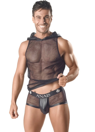 Schwarzes mesh hooded t-shirt mit glänzendem lederartigem frontpanel und passenden briefs mit anaiis logo