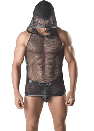 Schwarzes mesh capuchonshirt anais men ares mit durchsichtigem atmungsaktivem stoff und integriertem kopfschutz