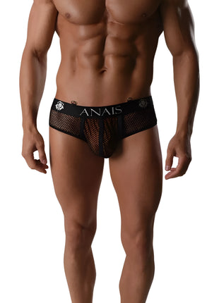 Schwarze mesh briefs mit markenbund und anai schriftzug in weiß aus der anais men ares string iii kollektion
