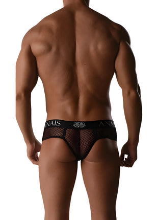 Schwarze mesh briefs mit anai logo und emblem auf dem bund aus der kollektion anais men ares string iii