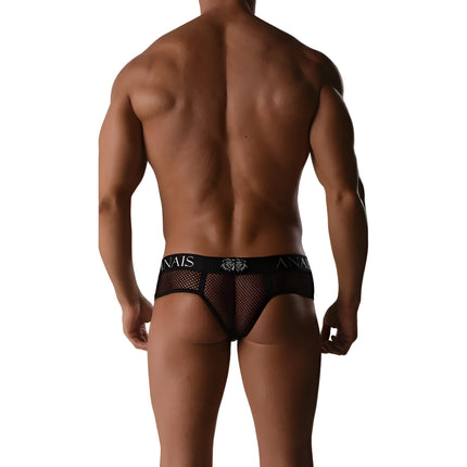 Schwarze mesh briefs mit anai logo und emblem auf dem bund aus der kollektion anais men ares string iii