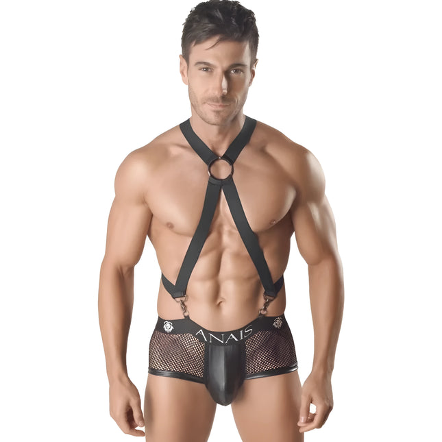 Schwarze mesh und kunstleder harness unterwäsche mit zentralem ring details von anais men axel harness i