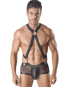 Schwarzes mesh und kunstleder harness-style unterwäsche mit zentralem ring detail von anais men axel harness i