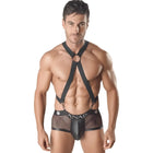 Schwarzes mesh und kunstleder harness-style unterwäsche mit zentralem ring detail von anais men axel harness i