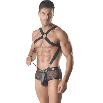 Schwarzes mesh und kunstleder axel harness ii von anais men mit verstellbaren riemen und zentralem ring detail