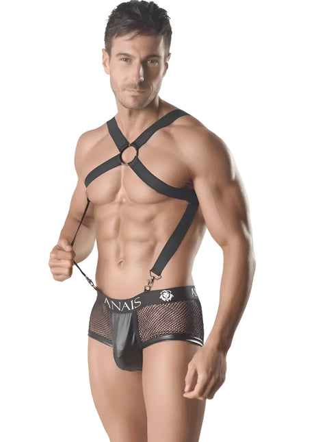 Schwarzes mesh und kunstleder axel harness ii von anais men mit verstellbaren riemen und zentralem ring detail